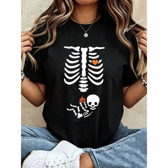 Halloween Skeleton Ribcage Heart Pumpkin Skull Women T-Shirt Top Holiday Party Costume Shirt