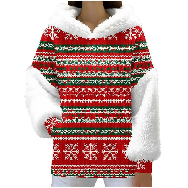 COM1950s Pyjamas de Noël pour Femmes, Chandail à Capuchon pour Femmes avec Imprimé de Noël, Design à Longs Cheveux, Manches Longues Chaudes, Col Rond, Hauts de Noël pour Femmes, Chemise de Noël pour Femmes, Vestes pour Femmes Mode