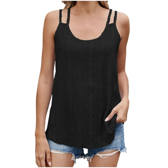 Goodeals Eyelet Tank Tops for Women Embroidery Sleeveless Double Spaghetti Strap Tops Loose Fit Casual Summer Shirts(Black,L)