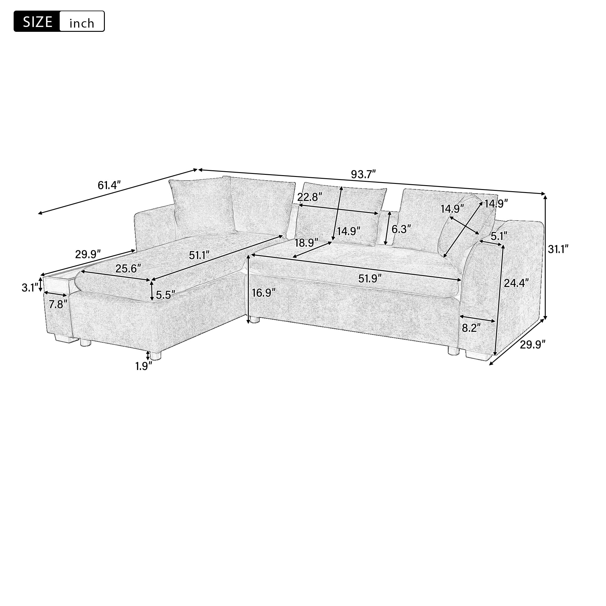 Euroco Sofa 93.7" L-shaped Sofa Upholstered Sofa Couch with wooden Storage Compartment for Living Room, Brown