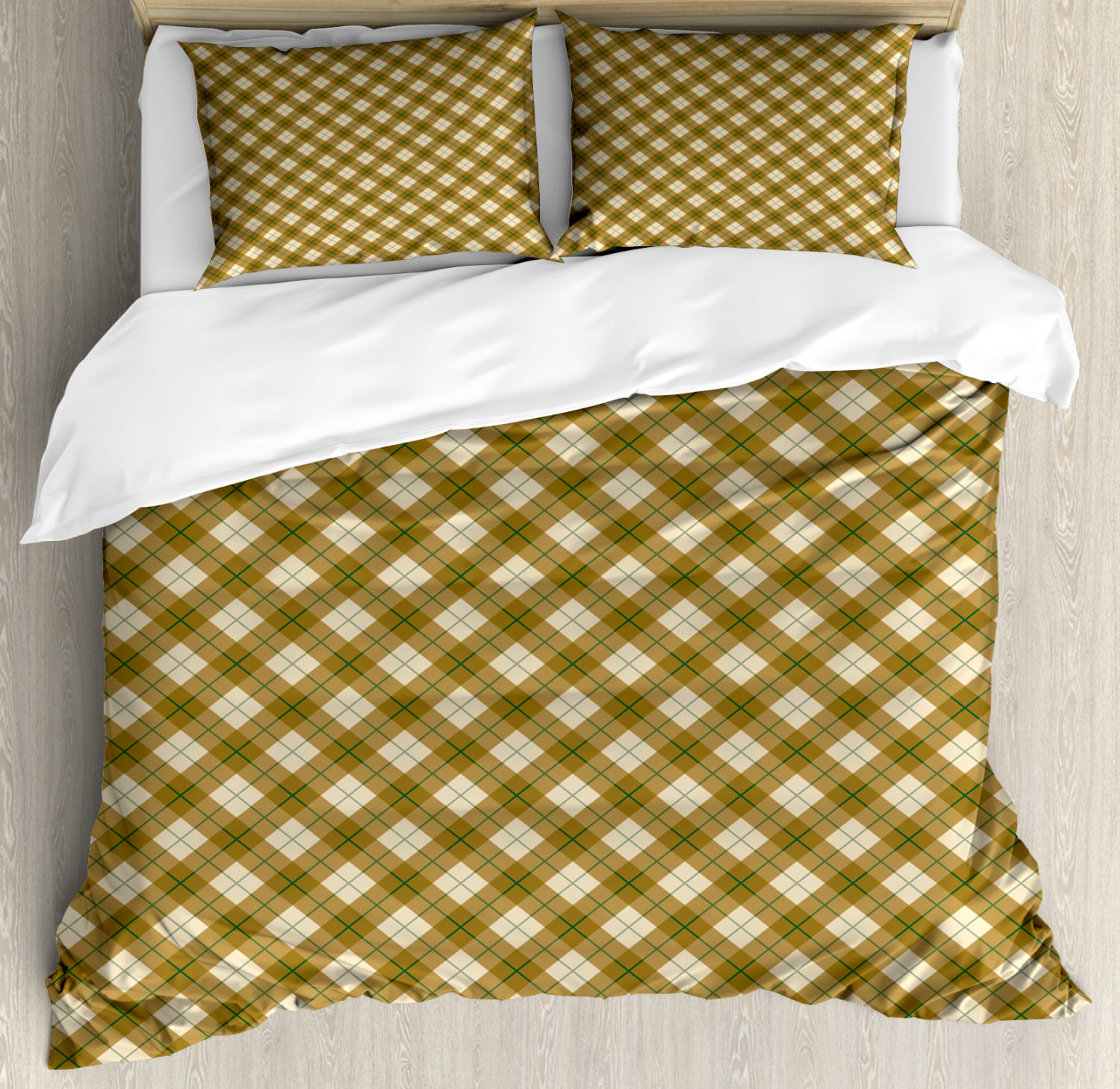 thumbnail image 1 of Plaid Queen Size Duvet Cover Set, Diagonal Plaid Pattern in Browns with a Green Stripe Detail Retro Style, Decorative 3 Piece Bedding Set with 2 Pillow Shams, Pale Brown Green Beige, by Ambesonne, 1 of 3
