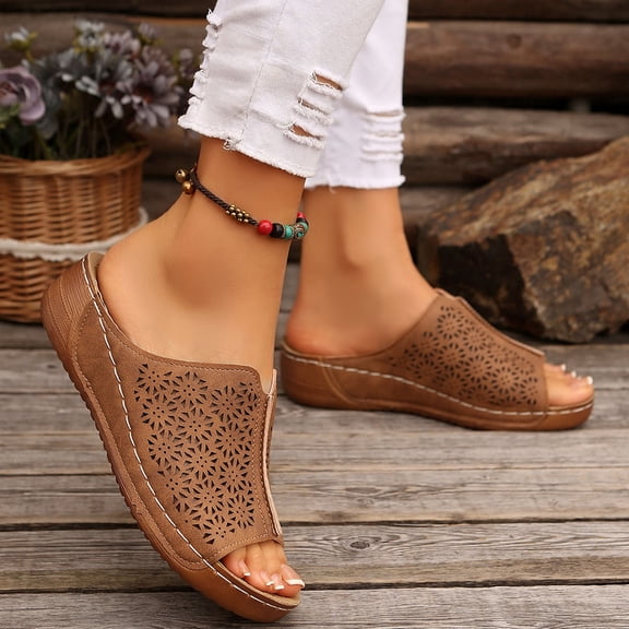 Fnooota Womens Slide Sandals , Party Summer Slip On Open Toe Wedge Slides Brown Size 8