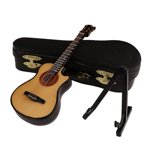 B-Wooden Miniature Guitar with Stand and Case Mini Musical Instrument Miniature Doll House Model Home Decoration,1 x mini guitar 1 x stand 1 x case,Color B