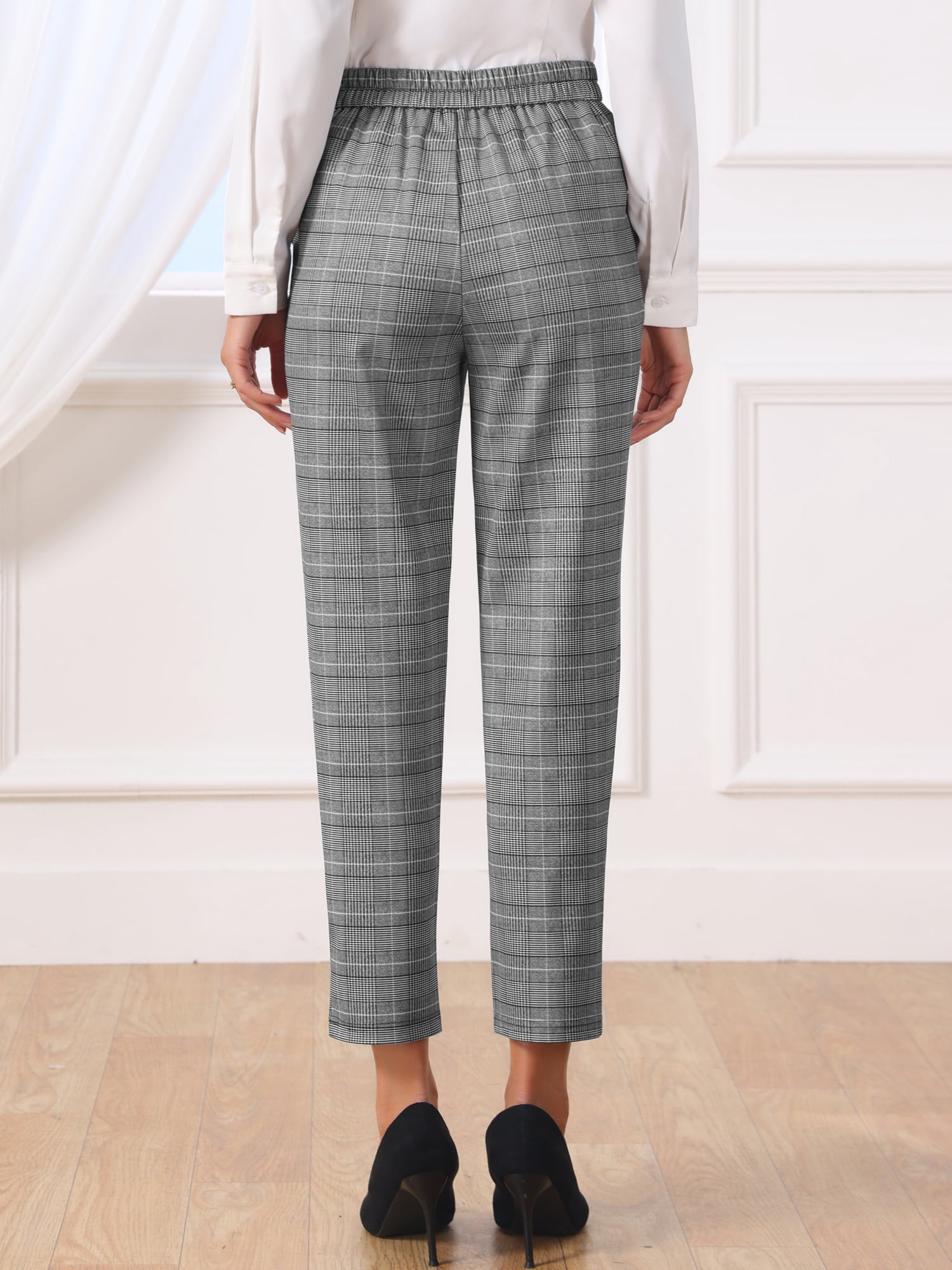 DARING DIVA Women's Tartan Plaid Pants Elastic Waist Straight Long Trousers L Grey Black