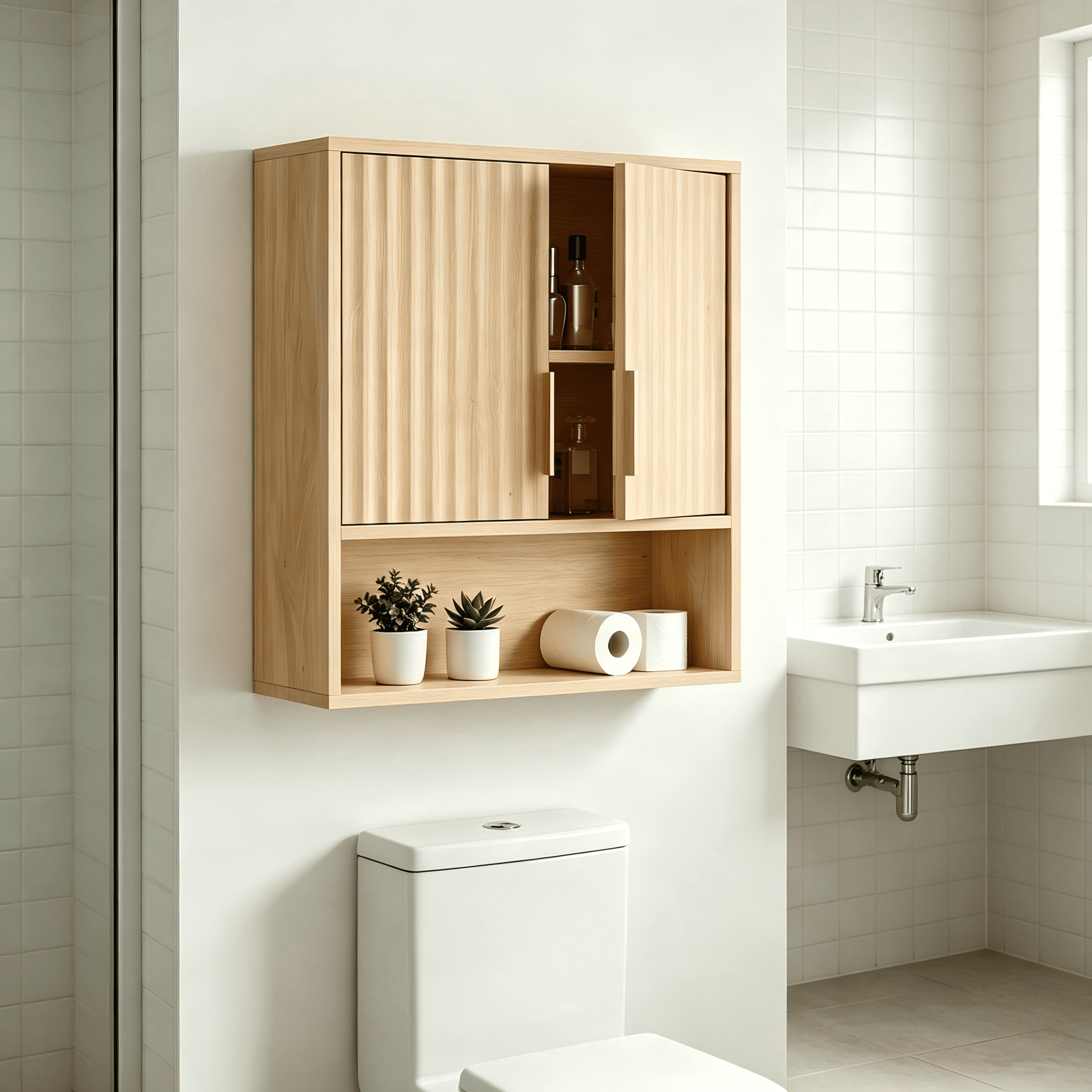 2-Door 3-Tier Slatted Bathroom Wall Cabinet, 24.49"*22.83"*8.07"