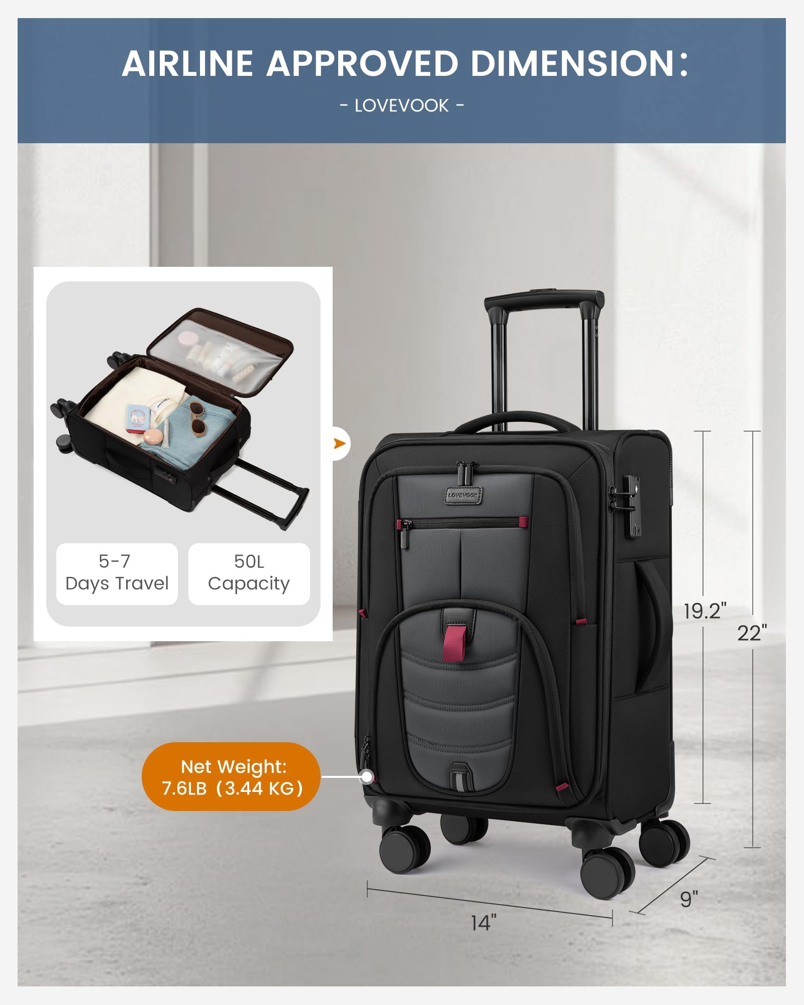 LOVEVOOK Carry On Luggage 22x14x9 Airline Approved, 22-Inch Suitcases with Spinner Wheels, Soft side Luggage with TSA Lock for Men Women Business Trip, Lightweight Large Capacity Luggage for Travel