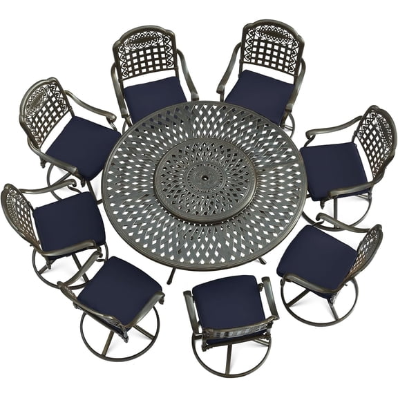 VIVIJASON 9-Piece Outdoor Furniture Dining Set, Rust-Free Cast Aluminum Patio Conversation Set, Include 8 Swivel Dining Chairs & 61" Round Dining Table with 31" Lazy Susan, Umbrella Hole, Navy Blue