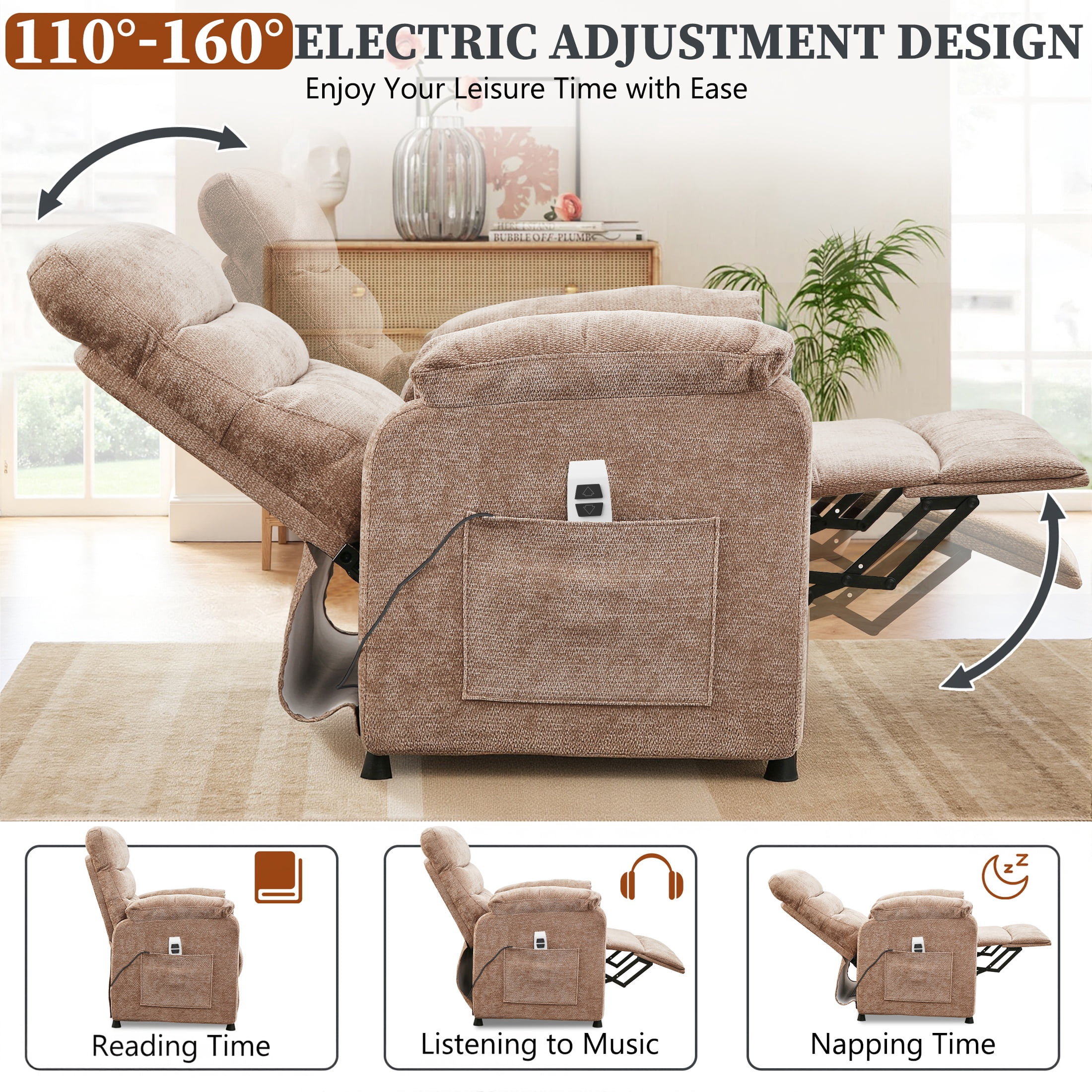 Electric Power Recliner Chair, Modern Chenille Fabric Recliner with Side Pocket & Remote, Nursery Recliner Chair for Living Room Small Space, Brown