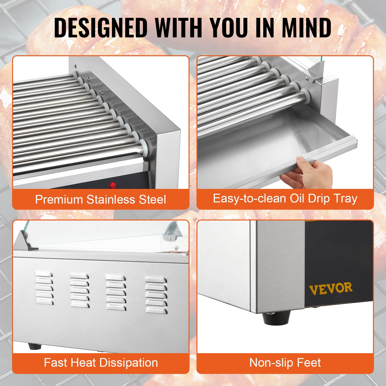 VEVOR Hot Dog Roller,11 Rollers 30 Hot Dogs Capacity, 1650W Stainless Sausage Grill Cooker Machine with Dual Temp Control Glass Hood Acrylic Cover Bun Warmer Shelf Removable Drip Tray, ETL Certified