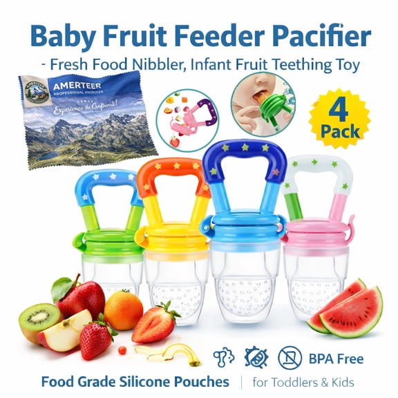 LNKOO Baby Fruit Feeder Pacifier (4 Pack) - Fresh Food Nibbler, Infant Fruit Teething Toy, Food Grade Silicone Pouches for Toddlers & Kids M