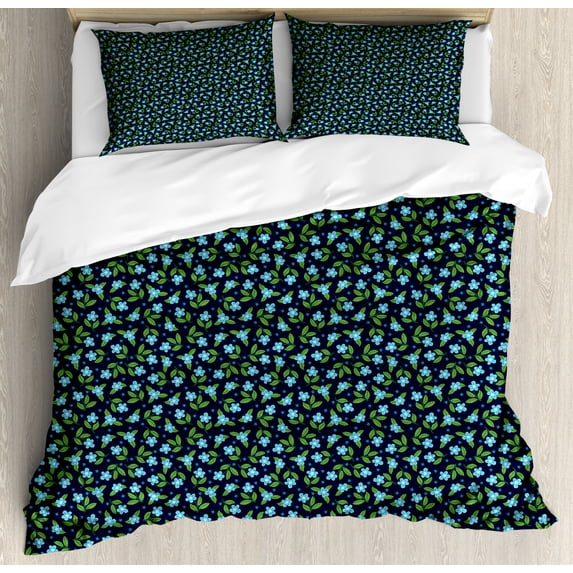 Garden Art Duvet Cover Set King Size, Continuing Flora Items Mini Flowers and Leaves Blooming Little Meadow, Decorative 3 Piece Bedding Set with 2 Pillow Shams, Indigo Blue and Green, by Ambesonne