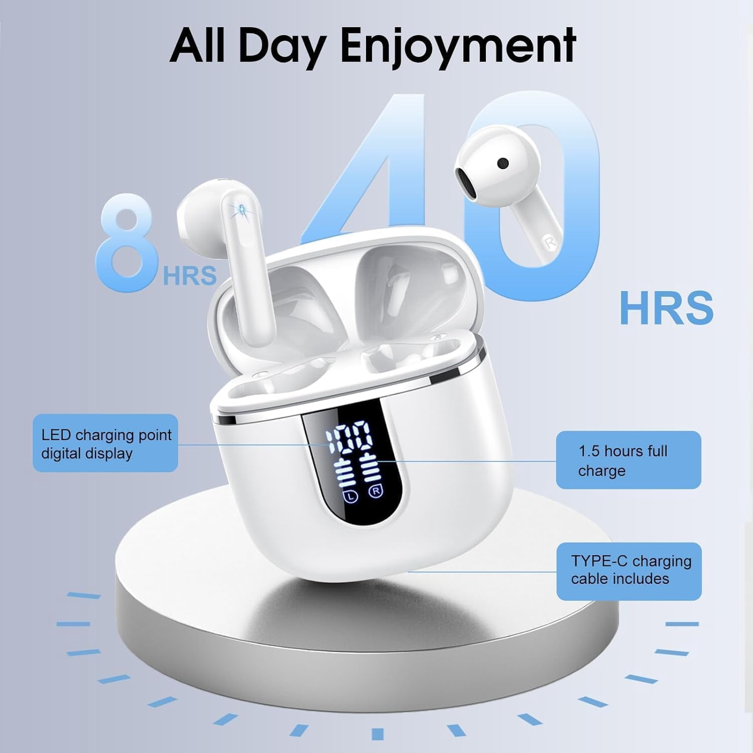 Wireless Earbuds, Bluetooth Ear Buds 5.4 Mini Hifi Stereo with 4 ENC Noise Cancelling Mics Wireless Headphones, 40H in Ear Earphones, Usb C, IP7 Waterproof Bluetooth Headphones for Sports, White
