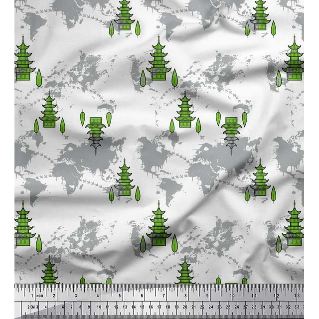 Soimoi Green Japan Crepe Satin Fabric Tree & World Map Print Fabric by Yard 42 Inch Wide