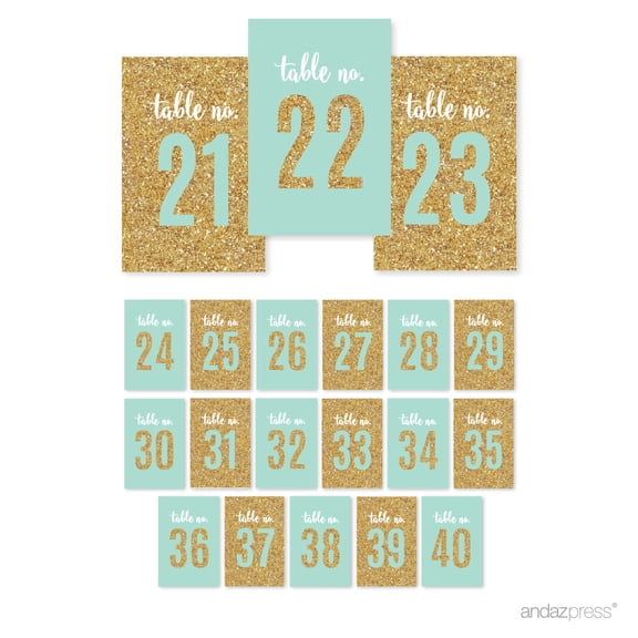 Signature Light Aqua, White, Gold Glittering Party, Table Numbers 21-40, 4x6-inch