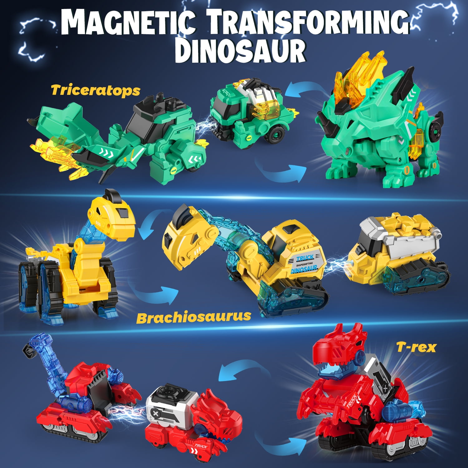 HopeRock Dinosaur Transforming Robot Toys for Kids, 6-in-1 Magnetic Dinosaur Car, Toys for Boys Ages 3 4 5 6 7 8 Years Old, with T-Rex Christmas Birthday Gift for Toddlers.