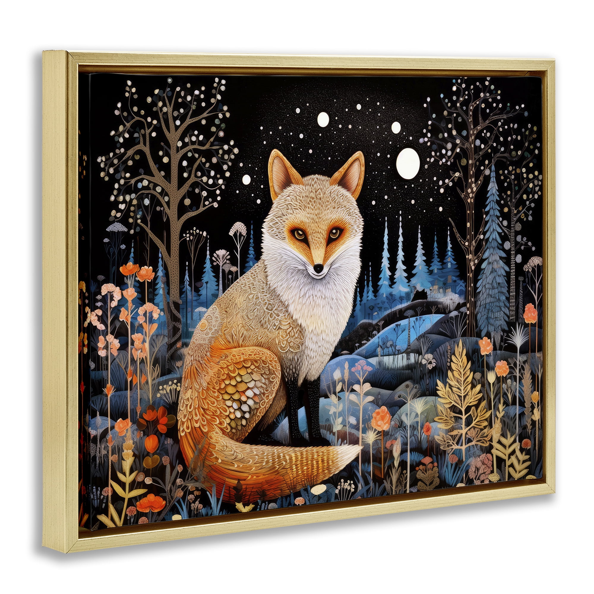 Stupell Industries Forest Fox in Nature Animals & Insects Painting Gold Floater Framed Canvas Art Print Wall Art, 21 x 17