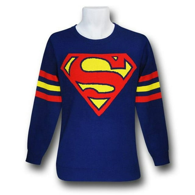 Superman Symbol Blue Sweater w/Striped Arms-Men's Medium