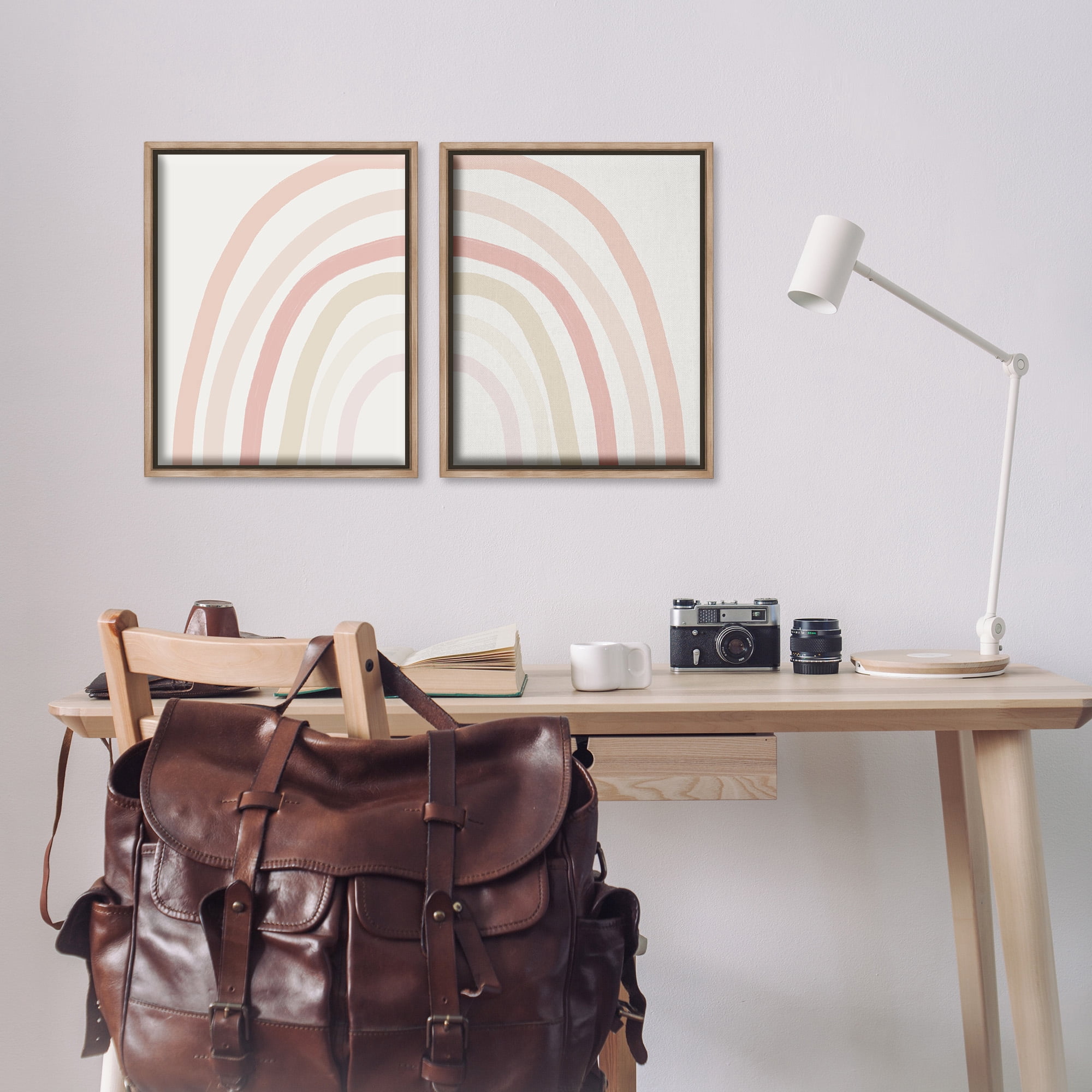 Stupell Industries Children's Soft Pastel Rainbow Shape Landscape Painting Brown Floater Framed Canvas Art Print Wall Art, 17 x 21, Set of 2