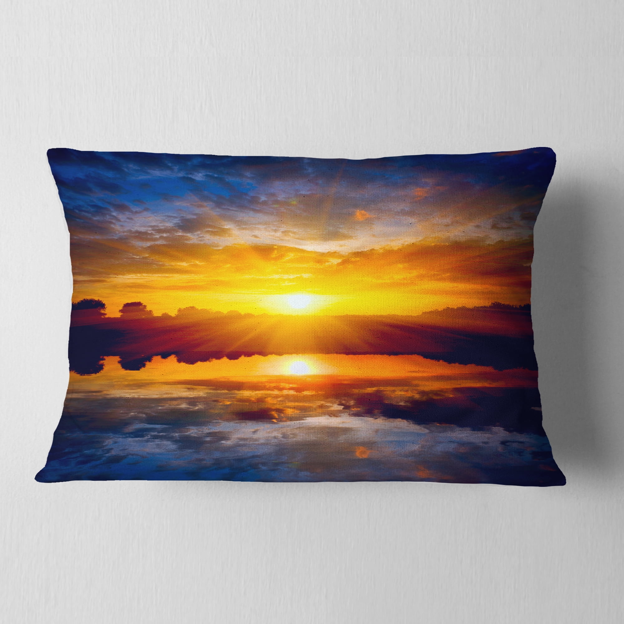 Designart Bright Yellow Sunset Over Lake - Seashore Throw Pillow - 12x20