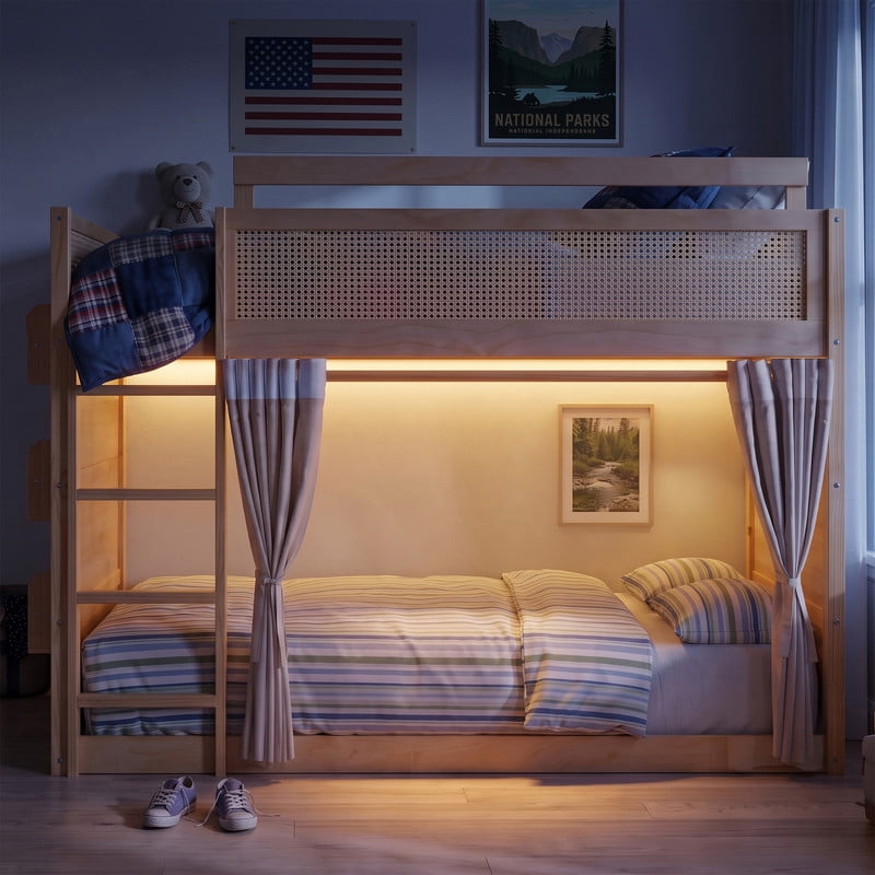 Full-Over-Full Bunk Bed with Bedside 3-Tier Storage Bookshelf, Teens/Kids Rattan Guardrail Bed Frame with Curtain & Light