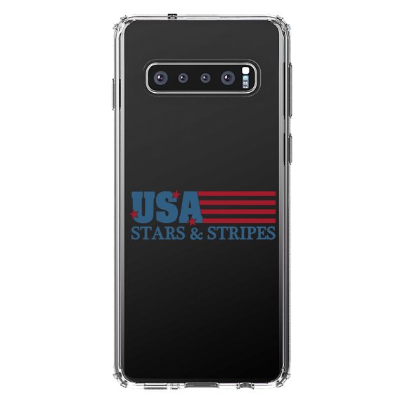 DistinctInk Clear Shockproof Hybrid Case for Samsung Galaxy S10 (6.1" Screen) - TPU Bumper Acrylic Back Tempered Glass Screen Protector - USA Flag Stars & Stripes