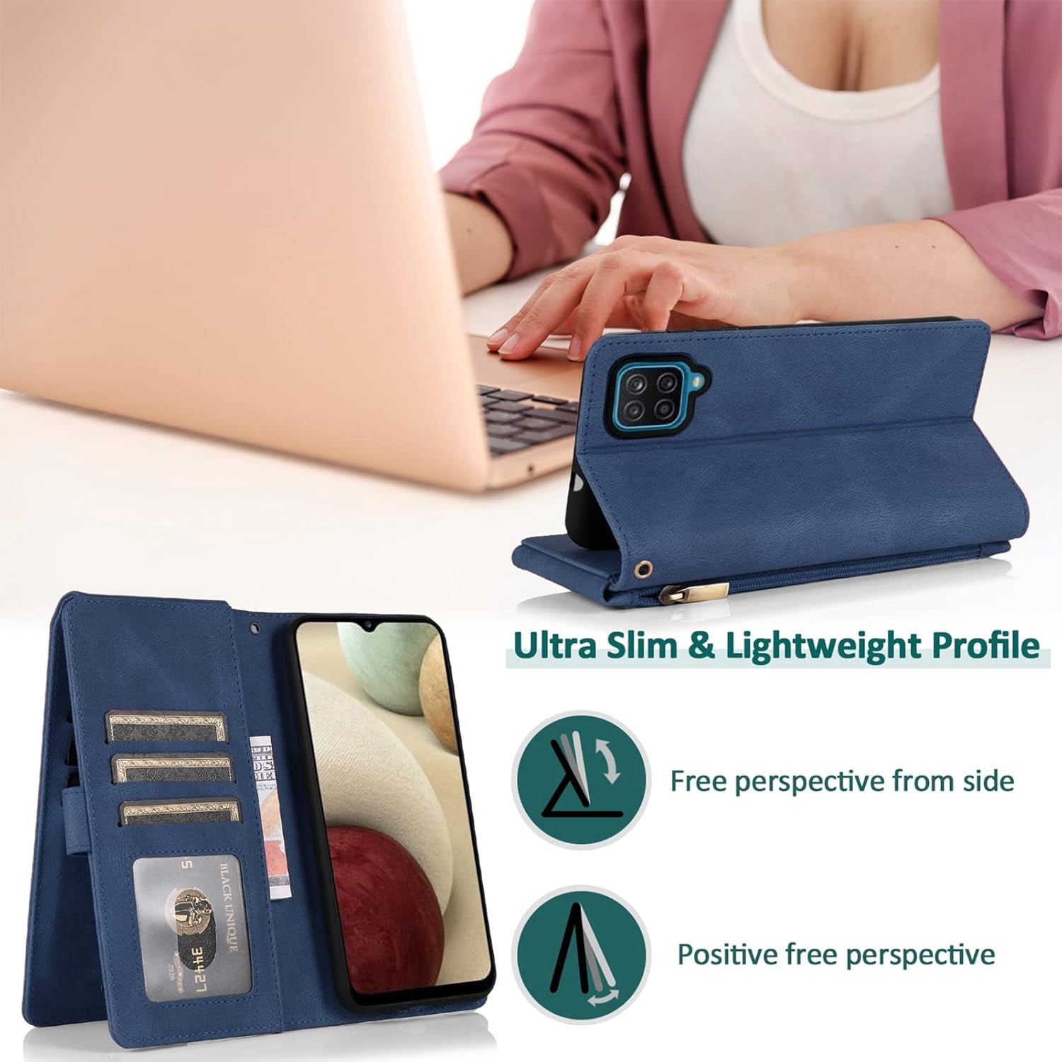 Compatible with Samsung Galaxy A12/M12 Wallet Case Tempered Glass Screen Protector Zipper Leather Flip Cover Card Holder Cell Phone Cases for Glaxay A 12 5G Gaxaly A-12 S12 12A 4G Women Men Blue