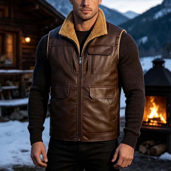 Mens Sleeveless Jackets Stand Up Collar Zip Up Fleece Lined Motorcycle Thicken Warm Winter Jacket Coffee L