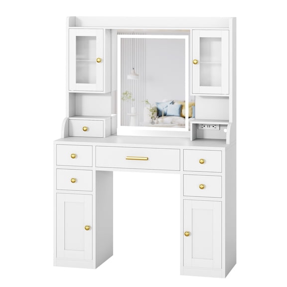 41.3" Makeup Vanity Desk with Lights & Mirror, Large Vanity Table with Power Outlet, 3 Colors Lighting, 6 Drawers, 2 RGB Cabinets, Woman Dressing Table for Bedroom
