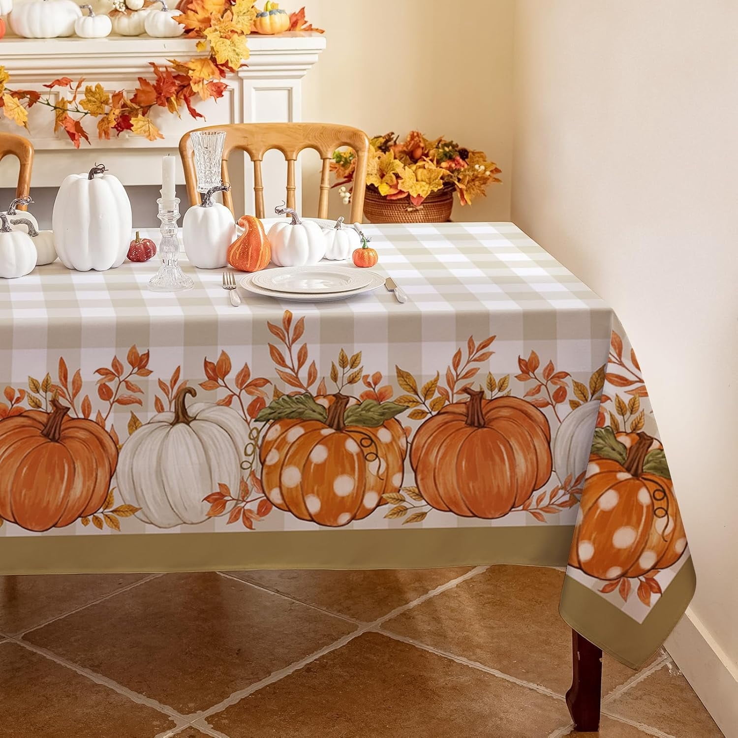 Fall Tablecloth Rectangle, Thanksgiving Autumn Harvest Pumpkin Buffalo Plaid Table Cloth, Stain Resistant Washable Table Cover for Party/Dining/Holiday- Green Checkered, 60x 84 Inch