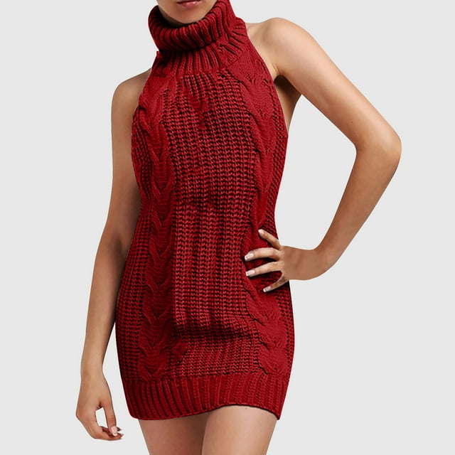 Wolfast Robe Pull pour Femmes Sexy Dos Nu Longue Cravate Ouverte Col Roulé Sans Manches Robe Pull Longue pour Femmes