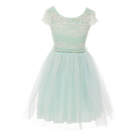 Wedding Dress Cap - Little Girl Cap Sleeve Lace Pearl Tulle Graduation Wedding Flower Girl Dress USA Mint 4 JKS 2133P BNY Corner
