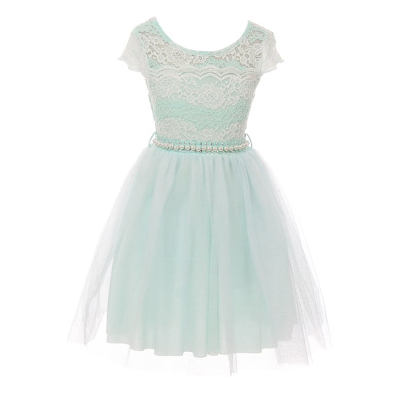 Little Girl Cap Sleeve Lace Pearl Tulle Graduation Wedding Flower Girl Dress USA Mint 4 JKS 2133P BNY Corner