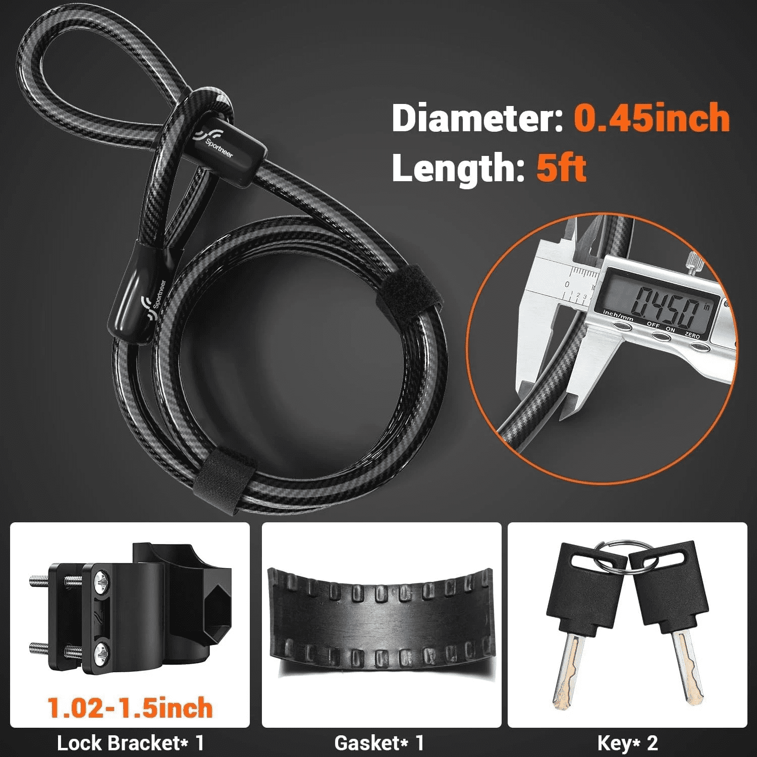 Heavy-Duty Portable Bike U-Lock with 5ft Steel Security Cable and Bracket, Anti Theft