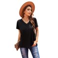 thumbnail image 4 of ABPHQTO Camiseta de manga corta con cuello en V y mezcla de algodón con lavado mineral de gran tamaño para mujer en color negro, 4 of 5