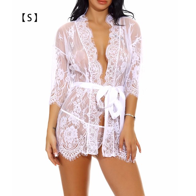 Mujeres Kimono camisón encaje lencería bata sexy malla camisón, S, blanco Methold XX000064-05