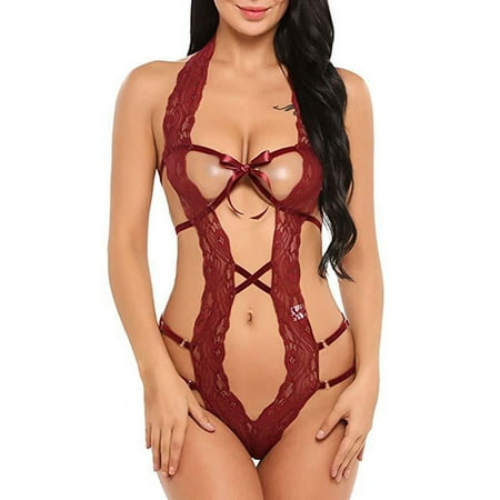 

Uorcsa Midnight V Neck Erotic Halterneck Fashion Bodysuit Gauze Women Temptation Lingerie Sets Wine