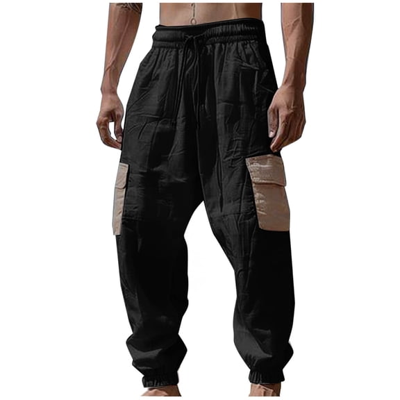Levmjia Men's Color Block Cargo Pants 60% Cotton 40% Linen Beach Pants Elastic Drawstring Waist Joggers Loose Fit Ankle Cuff Trousers S-3XL