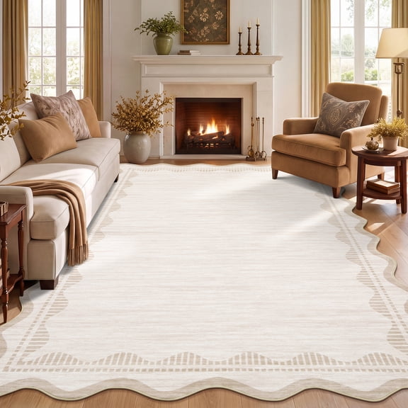Hasoo 5' x 7' Beige Scalloped Washable Neutral Area Rug for Living Room Modern Geometric Accent Throw Carpet for Bedroom Non-Slip Floor Cover Room Home Decor