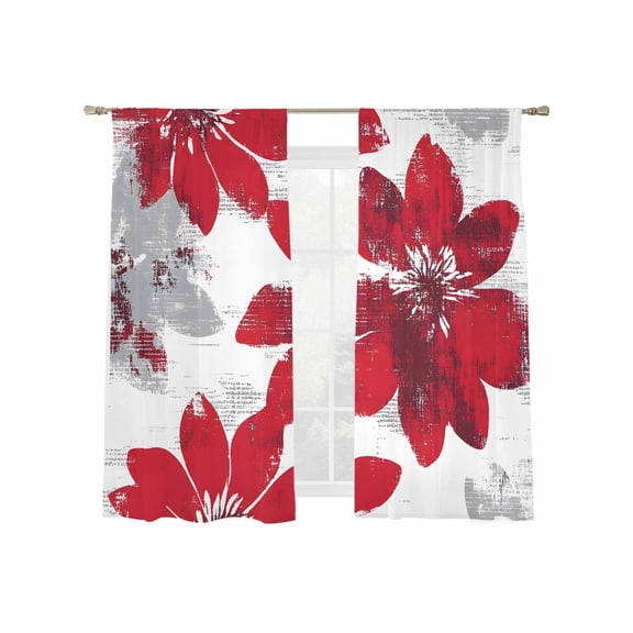 Red Floral Sheer Curtains 63 Inch Long 2 Panels, Vintage Flowers Light Filtering Rod Pocket Semi Sheer Curtains, Sheer Voile Drapes for Living Room Bedroom, 52"x63"