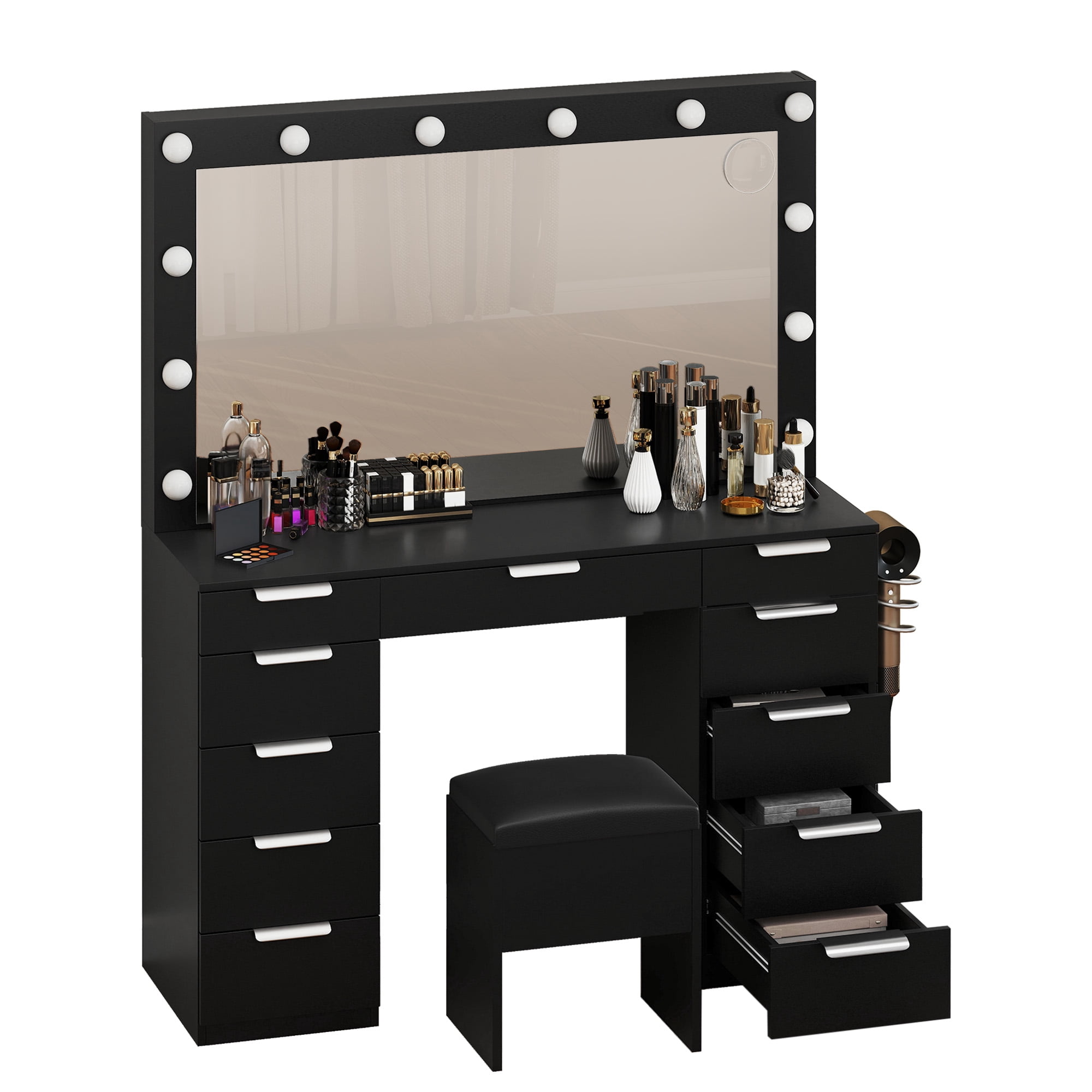 Uforic Vanity Desk with 12-Bulb Mirror, Charging Ports, 11 Drawers, Hair Dryer Holder, Storage Stool, White