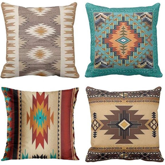 Set of 4 Throw Pillow Covers Tribal Western Geometric Colorful Nature Color Patterns Turquoise Orange Decorative Pillow Cases Home Decor Square 18x18 Inches Pillowcases