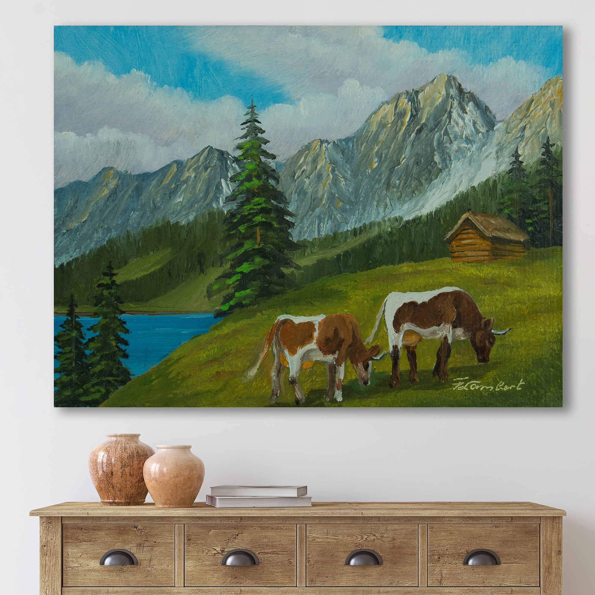 Designart ' Cows On A Green Meadow With Mountain Landscape With ' Farmhouse Canvas Wall Art Print