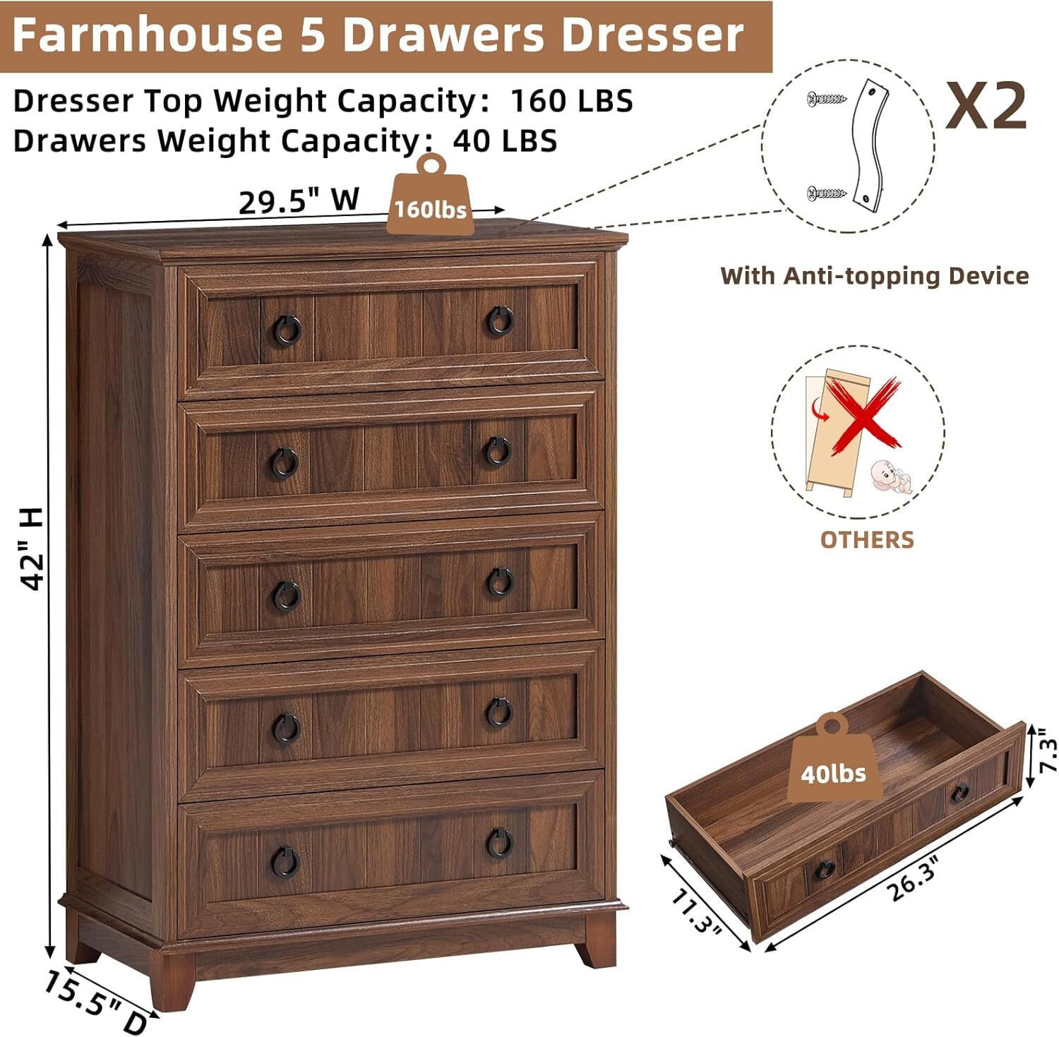 Farmhouse Dresser for Bedroom Set of 2, Modern Wooden 5 Drawer Tall Dresser, Chest of Drawers, Storage Cabine Living Room Hallway, Brown