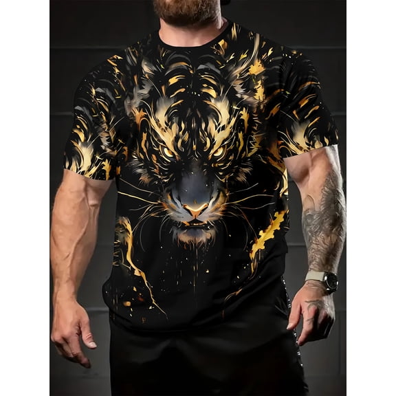 1 piece MenCasual crew neck T-shirt, black and gold oil tiger print, polyester Knitting fabric, slightly stretchy, short-sleeved pullover shirt, suitable for daily and weekend wear