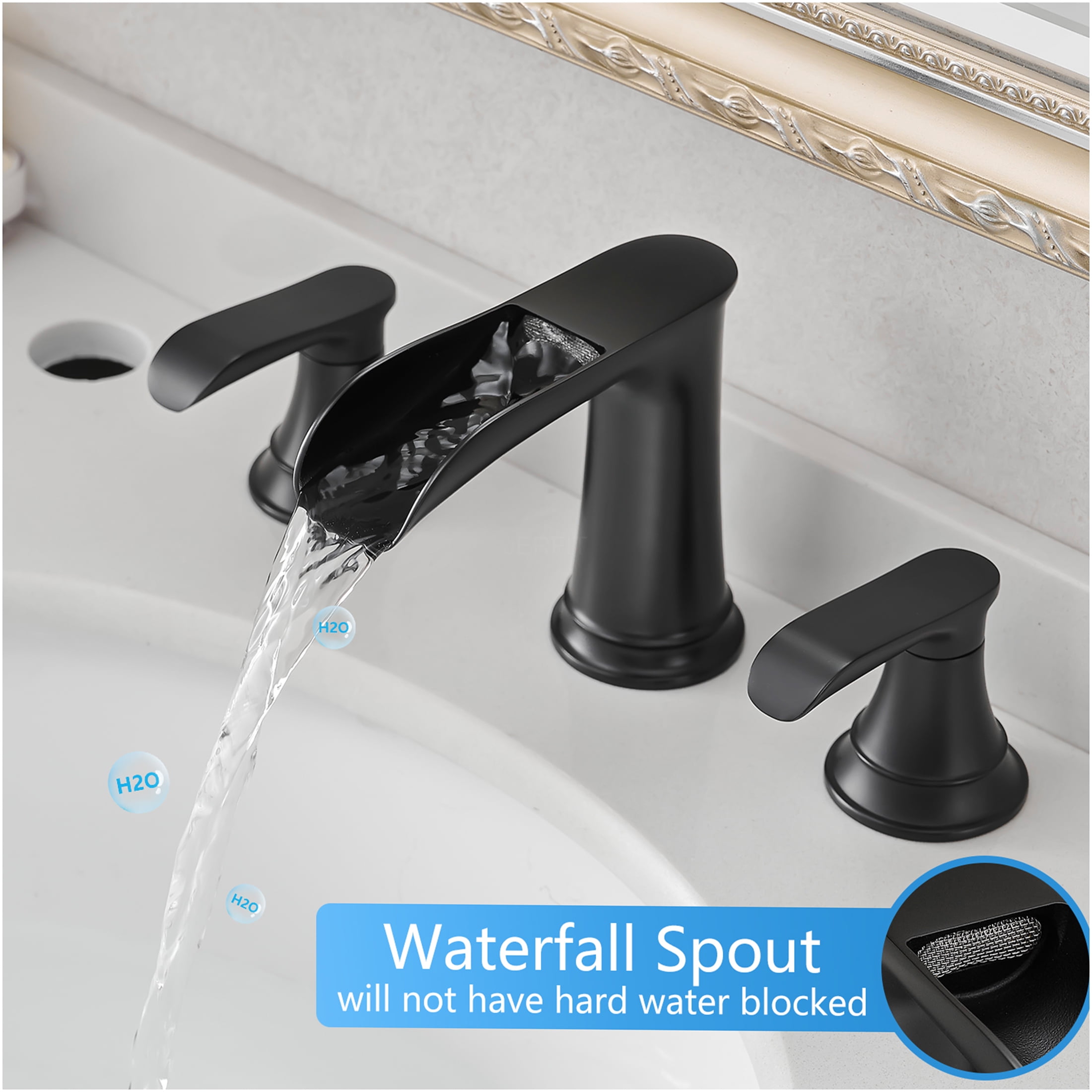 JERFIT 8-inch Widespread Bathroom Sink Faucet, 3-Hole Matte Black Vanity Faucet with Lever Handles and Pop-Up Drain