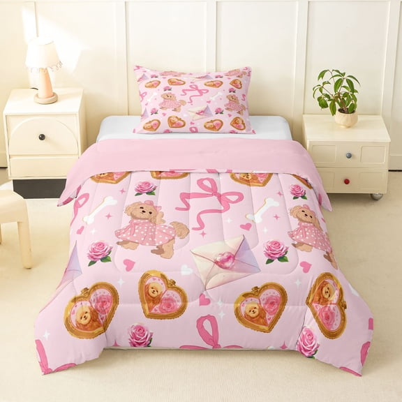 Homewish Valentine Dog Twin Comforter Sets,Kawaii Pet Theme Bedding Set,Pink Ribbon Bow Decor,Pink Reversible,2 Pieces,1 Comforter and 1 Pillowcase