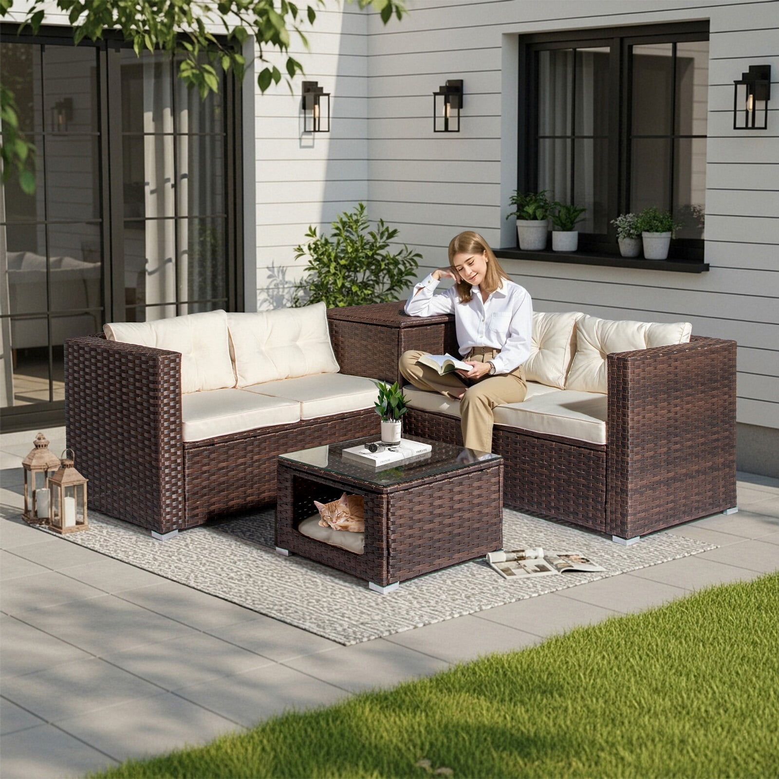 Ktaxon 4 Pieces Modular Patio Sectional with Storage Box & Pet Table, All-Weather PE Wicker, Brown Frame Peacock off-white Cushions