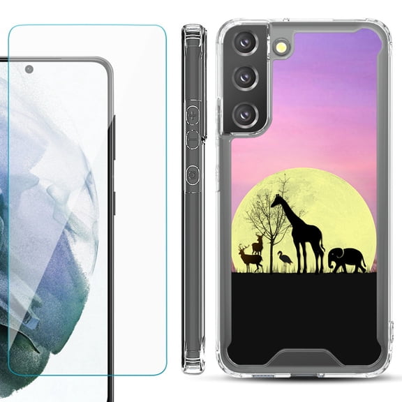 Shockproof Bumper Phone Case for Samsung Galaxy S22 5G, with Tempered Glass Screen Protector, by OneToughShield ® - Moonlight Safari