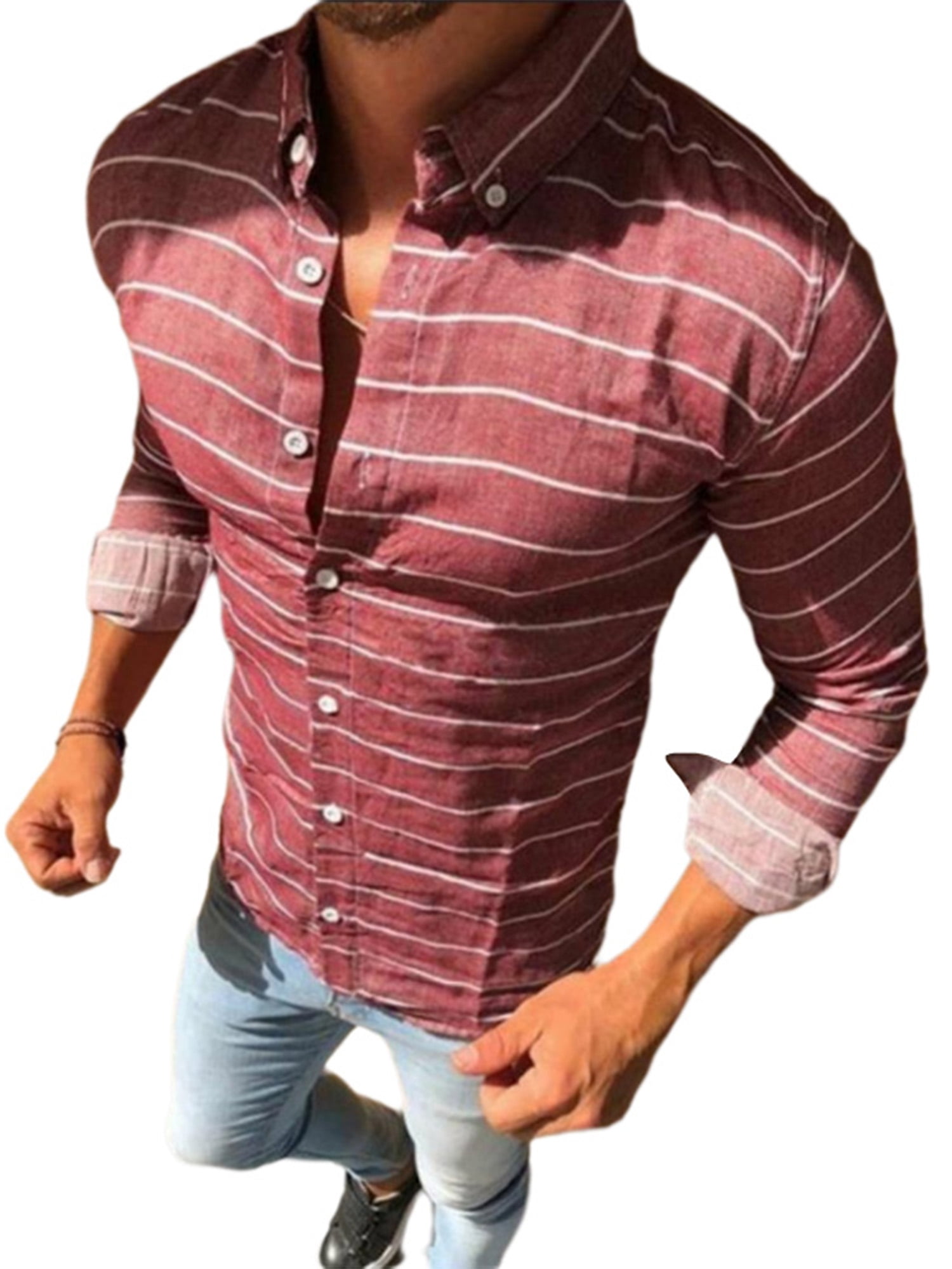 Mens Casual Print Long Sleeve Shirts Slim Fit Button Down Lapel Shirt Top Blouse 