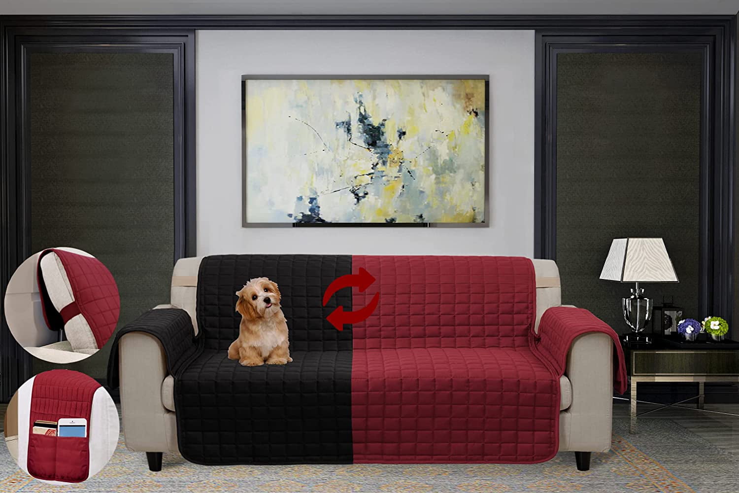 Elegant Comfort Quilted Furniture Protectors Solid and Printed Design Reversible Slipcovers Featuring Elastic Straps and Smart Pockets Great for Pets,Sofa Size Burgundy Black